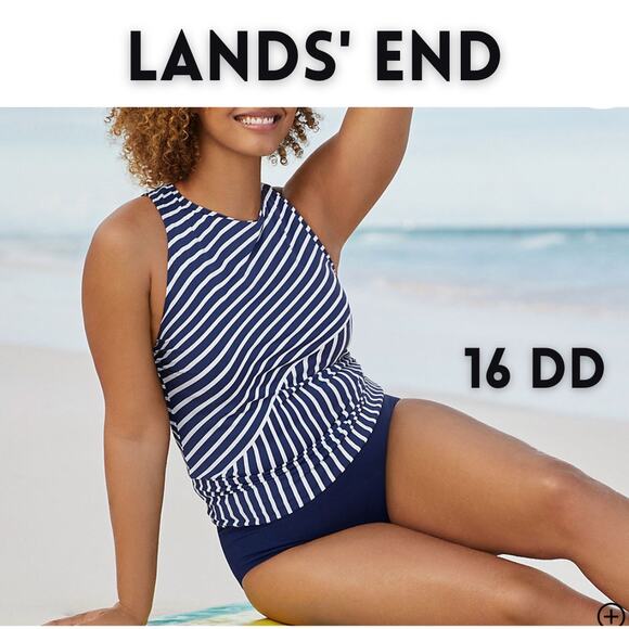 Lands' End Tankini Swimsuit Top Size 16 DD High Neck Blue White Stripe UPF 50 - Picture 1 of 10